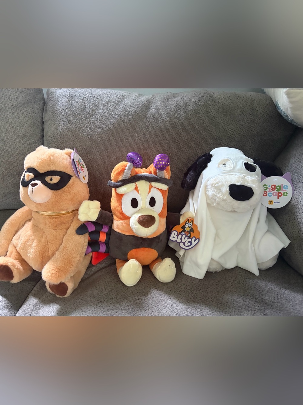 (3) Gigglescape Halloween 12” Plush Bear Superhero Bluey Spider & Dog Ghost